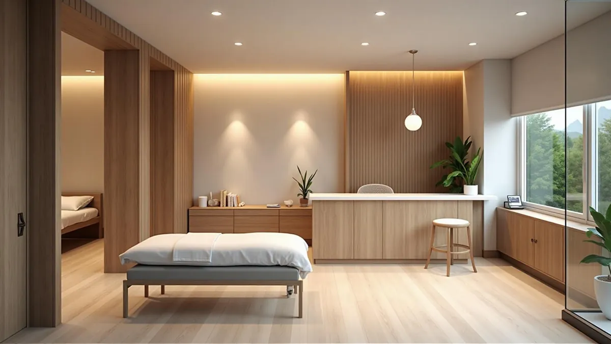 Calm, warmly lit massage room at The Spring of Wild Lily spa in Oconomowoc, WI